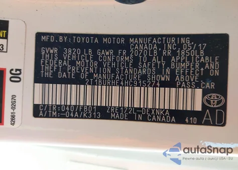 2017 Toyota Corolla Le из США, поврежденный, VIN 2T1BURHE4HC915274